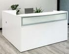L-Shaped White Reception Desk w/Frosted Glass Panel