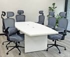 8' White Boat Shaped Table w/6 Mesh Chairs with Flip Up Arms in Gray or Black