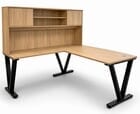 71&quot Beaumont Oak Steel V-Leg Bow Front L-Shaped Desk w/Hutch