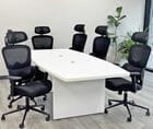 8' White Boat Shaped Table w/6 Black LineaForm Mesh Chairs