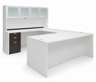White & Woodgrain U-Shaped Workstation w/Hutch