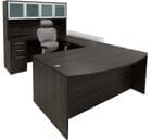 Charcoal Woodgrain Laminate Electric Lift Adjustable Bridge U-Desk w/Hutch