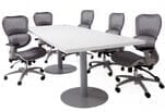 8' x 4' White Disc Base Table with 6 Gray Mesh Back Chairs Set