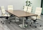 8'x4' Modern Walnut Rectangular Conference Table w/White Soft Pad Leather Chairs