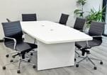 8' White Boat Shaped Table w/6 Mesh Chairs with 6 Black Modern Classic Chairs