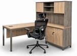 Desert Oak & Smoked Timber 63&quotW L-Desk with Sliding Door Cabinet Return and Hutch
