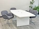 8' White Boat Shaped Table w/ 4 Vintage Gray Swivel Chairs Set