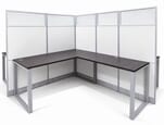  67&quotH TrendSpaces White Laminate 4-Person L-Shaped Washable Cluster Cubicle w/Glass