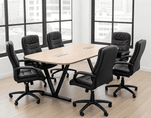 8' Beaumont Steel V-Leg Conference Table with 6 Black Leather PlushTuft Chairs Set