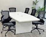 8' White Boat Shaped Table w/6 Mesh Chairs with Flip Up Arms in Gray or Black
