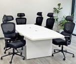 8' White Boat Shaped Table w/6 Black LineaForm Mesh Chairs