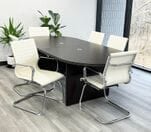 8' Mocha Oval Racetrack Table w/6  Sled Base Ivory Leather Chairs - Conference Set