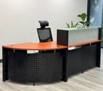 92&quotW Glass Top Modular Reception Desk with Small Curved Extension in Cherry