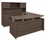 Columbia Walnut Bow Front U-Shaped Desk with Hutch, Height Adjustable L-Surface, 3 Drawers & Hutch - 71&quotW x 100&quotD