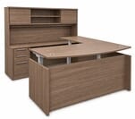 Urban Walnut Bow Front U-Shaped Desk with Hutch, Height Adjustable L-Surface, 3 Drawers & Hutch - 71&quotW x 100&quotD