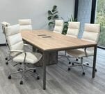 8' Contrasts Rustic Conference Table w/ 6 Cream Leather Chairs Set