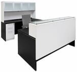 Emerge Glass Top U-Shaped Reception Workstation w/Drawers, Hutch, & LED Light - 71" x 108"