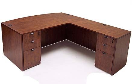 Cherry Laminate Bow Front L-Shaped Desk w/ 6 Drawers