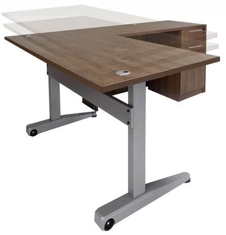 Pneumatic Lift Height Adjustable Managers L-Desk in Modern Walnut