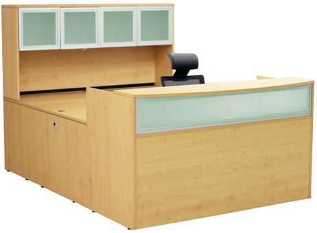 Maple U-Shaped Reception Desk w/Frosted Glass Panel & Hutch