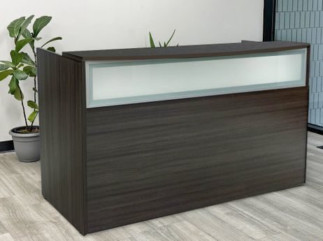 Rectangular Charcoal Woodgrain Reception Desk w/Frosted Glass Panel