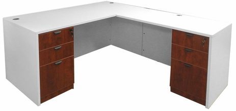 White & Woodgrain L-Shaped Rectangular Managers Desk w/6 Drawers 
