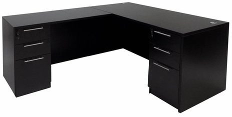 Black L-Shaped Rectangular Manager's Desk w/6 Drawers