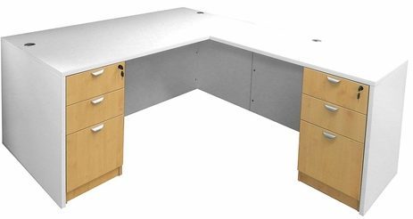 White & Woodgrain L-Shaped Rectangular Executive Desk w/6 Drawers