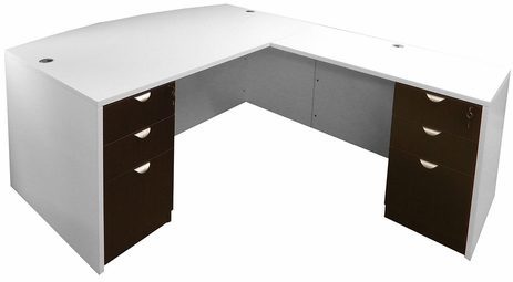 White & Woodgrain L-Shaped Bow Front Conference Desk w/6 Drawers 