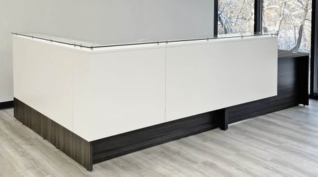 Emerge Glass Top Wrap Around Two-Person L-Shaped Lobby Desk with ADA Surface