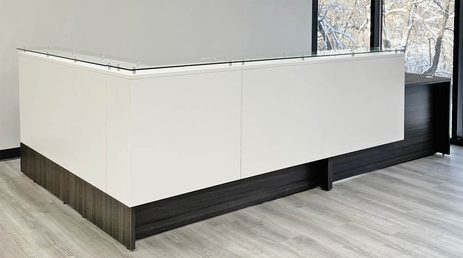 Emerge Glass Top Wrap Around Two-Person L-Shaped Lobby Desk with ADA Surface