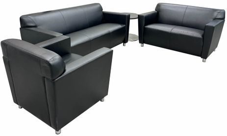 4-Piece Black Leather Reception Sofa Set with Round End Table