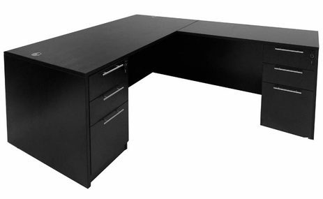 Black L-Shaped Rectangular Executive Desk w/6 Drawers