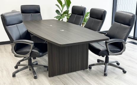 8' Charcoal Boat Shaped Conference Table w/ 6 Leather Chairs Set