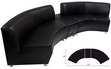 Black Leather 120 Degree Curved Concave Sofa w/Powered USB Ottoman