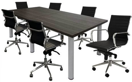 8' Rectangular Table in Charcoal/Silver with 6 Black Chairs Conference Room Set