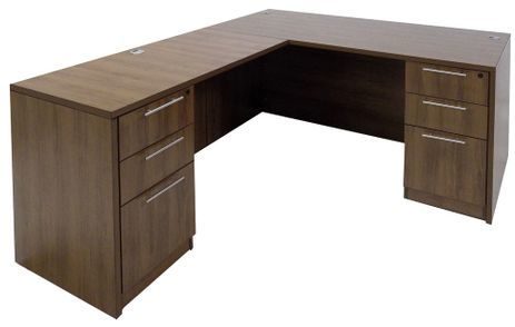 Modern Walnut L-Shaped Rectangular Managers Desk w/6 Drawers