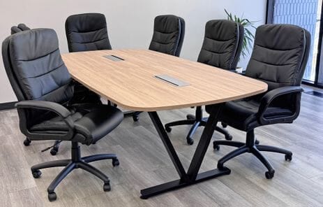 8' Beaumont Steel V-Leg Conference Table with 6 Black Leather PlushTuft Chairs Set