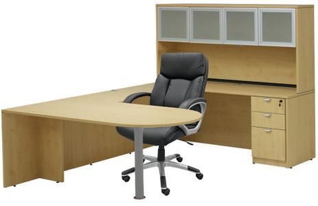 Maple Peninsula U-Shaped Workstation with Hutch