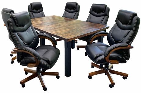 6' x 4' Solid Wood Rustic Pine Table w/6 Leather Swivel Chairs - Conference Set