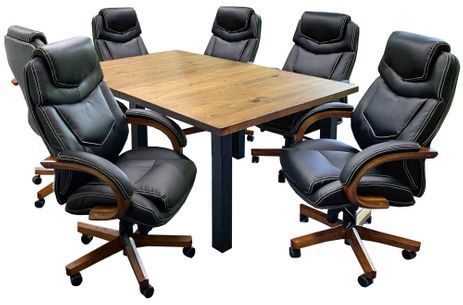 6' x 4' Solid Wood Distressed Pine Table w/6 Leather Swivel Chairs - Conference Set