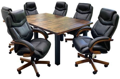 6' x 4' Solid Wood Distressed Pine Table w/6 Leather Swivel Chairs - Conference Set