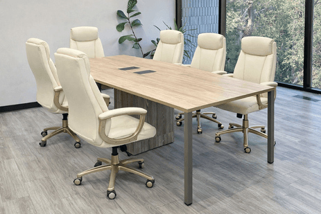 8' Contrasts Rustic Conference Table w/ 6 300 lbs Cap. Cream Leather Chairs Set