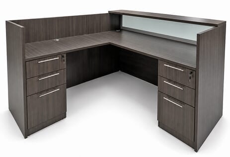 Charcoal Woodgrain L-Shaped Reception Desk w/Frosted Glass Panel