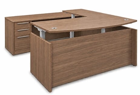 Urban Walnut Conference U-Shaped Workstation, Height Adjustable L-Surface & 3 Drawers - 71