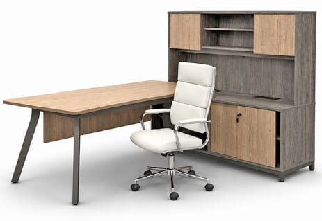 8'W Desert Oak & Smoked Timber Executive L-Desk with Storage and Hutch