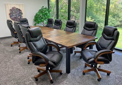 12' x 4' Solid Wood Distressed Pine Table w/10 Leather Swivel Chairs - Conference Set