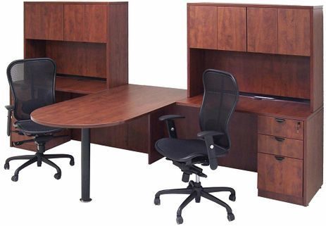 Cherry Laminate 2-Person Peninsula Workstation w/Hutches