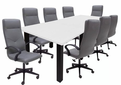 12' White Rectangular Table w/8 Gray Chairs - Conference Set