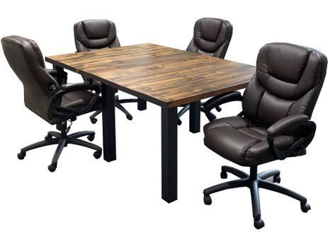 6' x 4' Solid Wood Rustic Pine Table w/4 Brown Leather Swivel Chairs - Conference Set